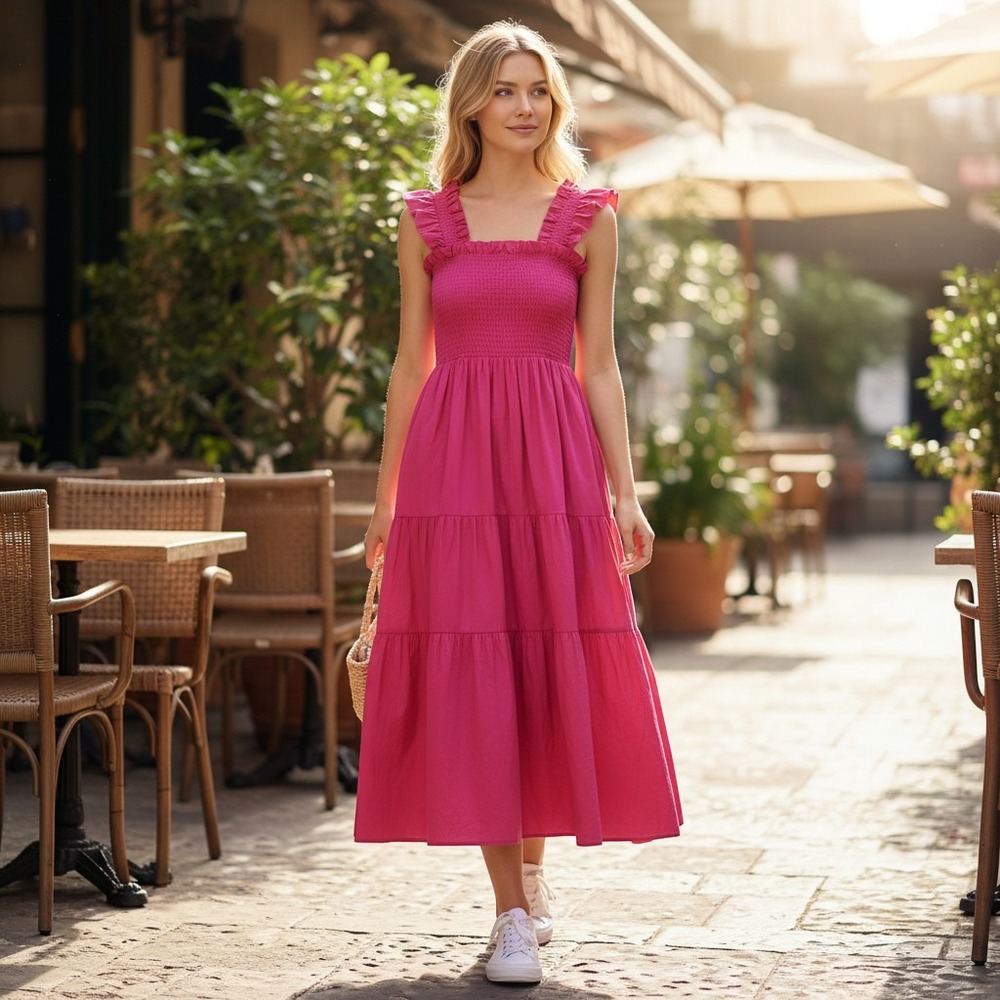 New Quince Women's M Organic Cotton Smocked Midi Dress Lipstick Pink